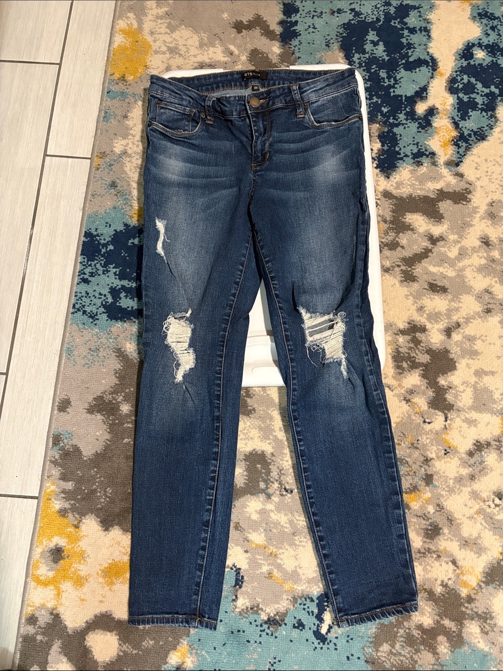 Ripped Mid-Rise Skinny Jeans in Dark Blue